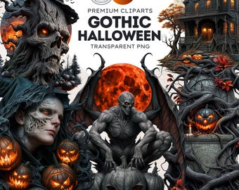 Conjunto de imágenes prediseñadas góticas de Halloween: esqueletos y calabazas espeluznantes (PNG, descarga digital, uso comercial)