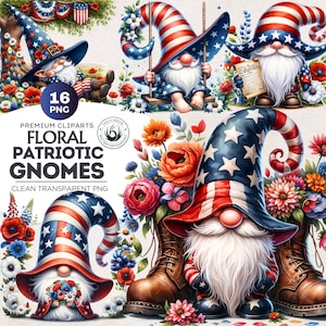 Floral Patriotic Gnome Clipart PNG Bundle - American Pride PNG, 4th of july PNG, Veteran day, Memorial Day, American flag png digital prints