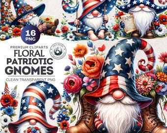 Floral Patriotic Gnome Clipart: American Pride PNG Bundle (Digital Prints)