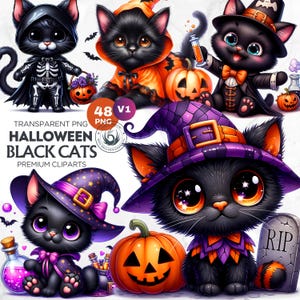 48 Clipart di gatti neri di Halloween, Clipart di Halloween, Clipart di gatti neri acquerellati, Gattini neri, Gatto nero in formato PNG, Gatto mago nero, Gatto strega