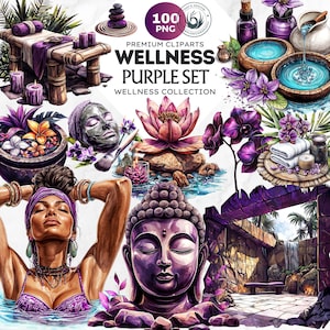 Set di 100 clipart Purple Wellness, clipart Spa, oli essenziali, candele, fiori, scene da bagno per guarigione olistica, cura di sé e aromaterapia