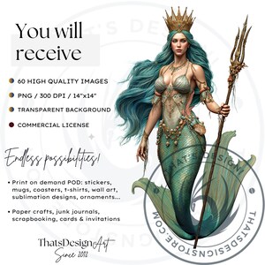 Deep Sea Fantasy Clipart PNG Set, Siren Mermaid Clipart, Underwater clipart, Ocean Mythology, Atlantis decor, Nautical Fantasy, Sea God