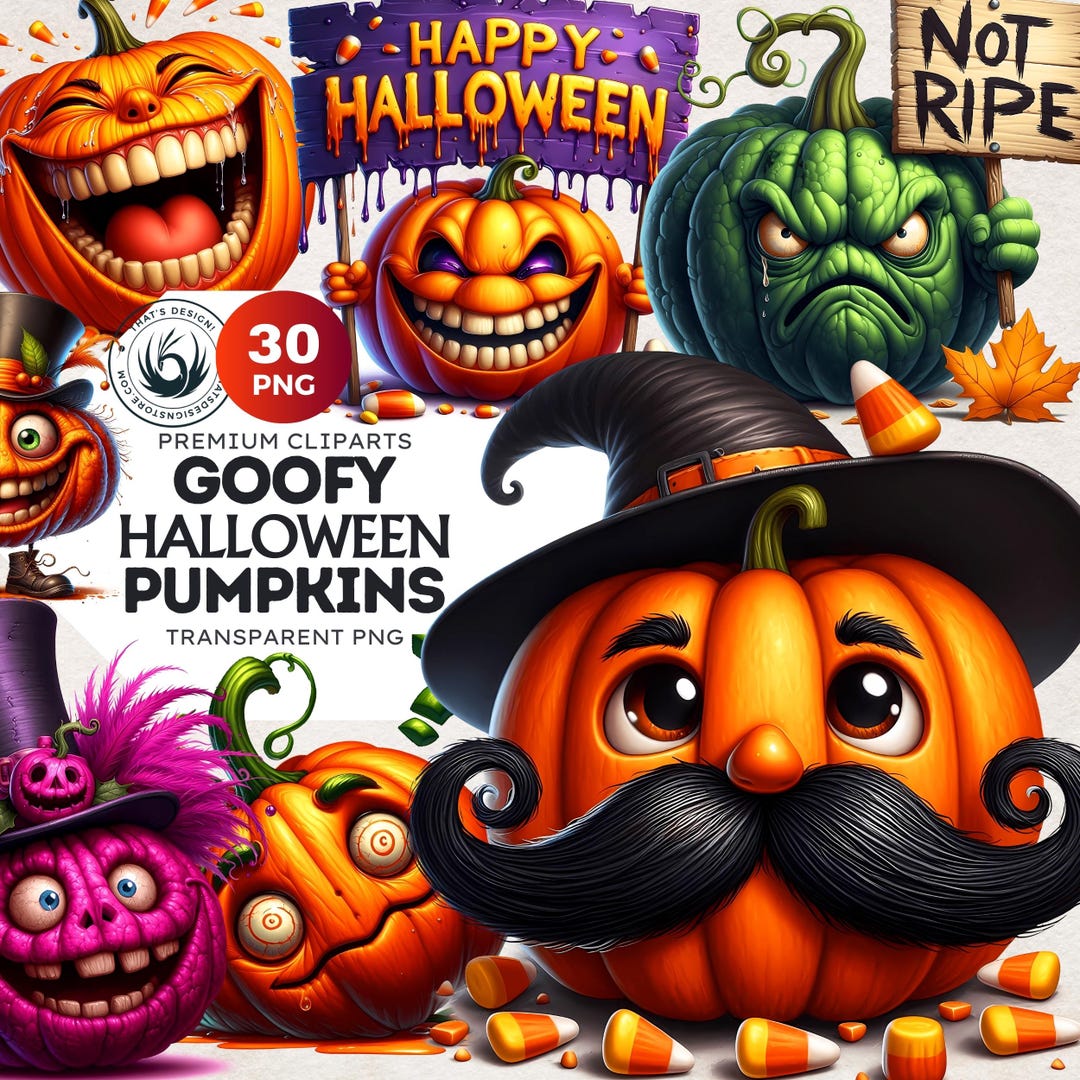 Funny Goofy Pumpkins Clipart Set: Halloween Jack O Lantern PNG ...