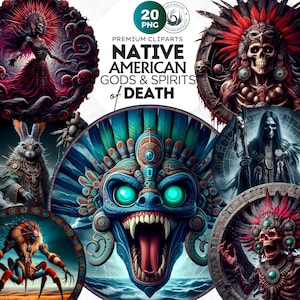 Native American Götter und Geister des Todes Clipart Set, Indianerstämme, aztekische Mythologie, Hopi, Sioux, Cherokee, Navajo, Mesoamerikaner.