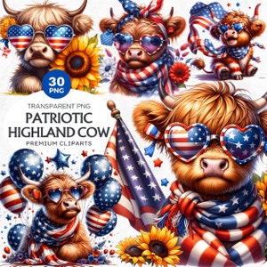 Lot de 30 cliparts PNG vache Highland patriotique - American Pride PNG, 4 juillet PNG, Veteran Day, Memorial Day png pour licence commerciale