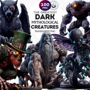 100 Greatest Dark Mythological Creatures set, mythology Graphics, Creepy monsters, dark Fantasy clipart, Gothic art PNG, Sublimation design