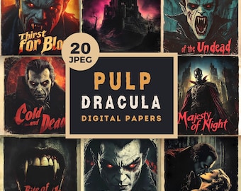May include: A collage of 20 digital papers featuring vintage-style illustrations of Dracula with titles like "Thirst for Blood", "Cold and Dead", "Bite of Death", "Eyes of Doom", "Embrace of Death", "Fortress of Fear", "Scream of the Undead", and "Majesty of Night".