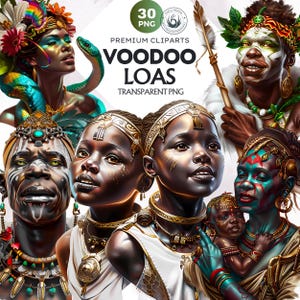 30 clipart PNG di divinità voodoo, mitologia voodoo Loas, spiriti voodoo magici, divinità africane, clipart di rituali tribali, design a sublimazione