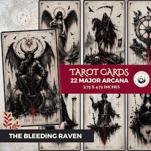 May include: A set of tarot cards featuring dark, gothic illustrations. The cards showcase images of The Devil, The High Priestess, The Magician, and other Major Arcana cards. Each card measures 2.75 x 4.75 inches.
