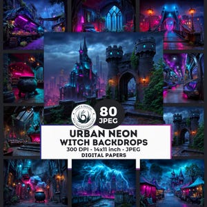 Urban Neon Witch Backdrops papers, Cyberpunk City , Fantasy Nightscapes (80 JPEG Printable Pages)