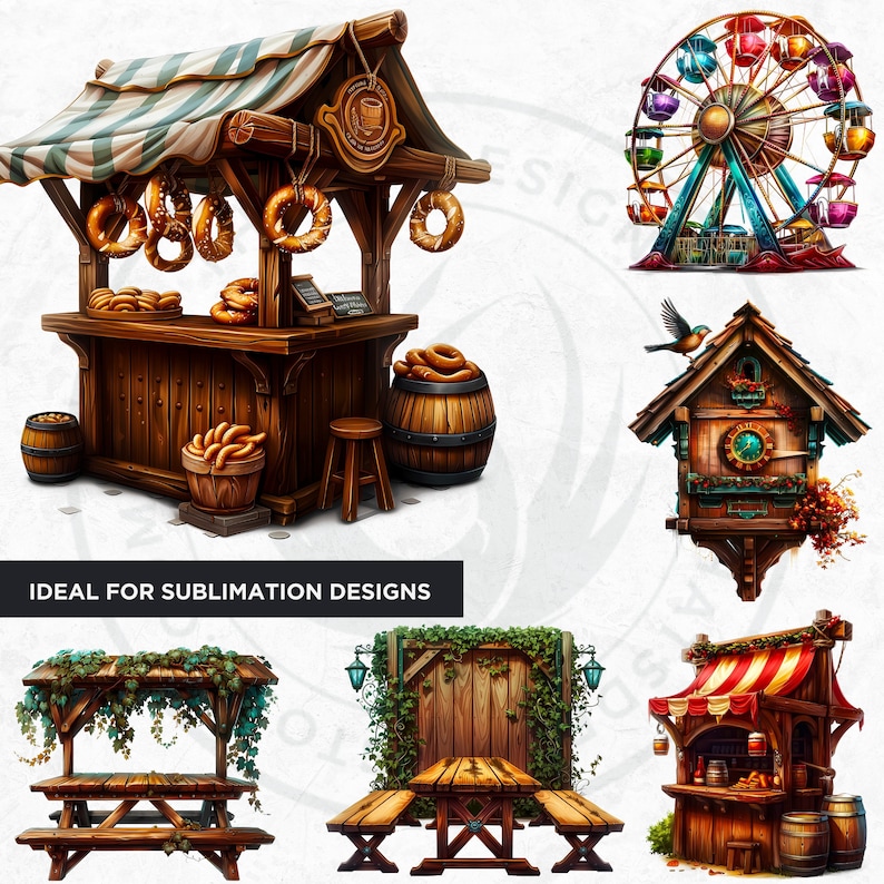 30 Oktoberfest Festival Clipart Set, Traditional Bavarian Festive PNG, Beer festival PNG, pretzel, dirndl, lederhosen, rooster, beer stein