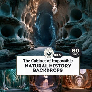 Puede incluir: Una colección digital de 60 fondos JPEG titulada The Cabinet of Impossible NATURAL HISTORY BACKDROPS. La imagen principal muestra un interior cavernoso de piedra azul pálido con aberturas circulares y un portal de energía azul oscuro brillante.