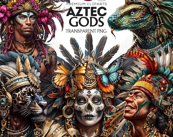 Aztec God Goddess clipart PNG, Aztec mythology Graphics, Mesoamerican culture,Quetzalcoatl, Mictlantecuhtli, Tezcatlipoca,Sublimation design
