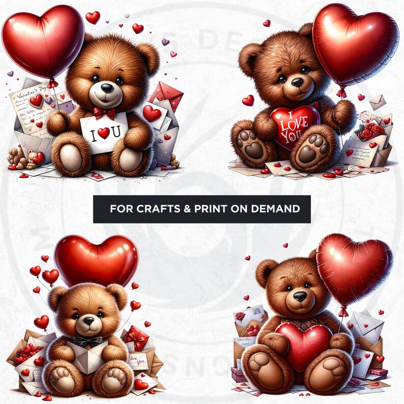 Watercolor Valentines Teddy Bear Clipart: PNG Bundle (digital Download ...