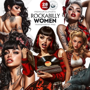 Rockabilly Women Clipart Set, Retro Pin-Up Girls, 50s Style PNG, Vintage Tattooed Woman, Rockabilly Fashion, Greaser girl, Transparent PNG