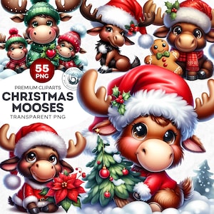55 Christmas Moose PNG Clipart Set, Winter Moose clipart, woodland animal with Santa Hat, Christmas Clipart, Christmas cards & sublimation