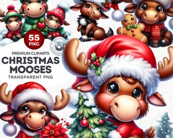 Christmas Moose Clipart Set: 55 PNG Woodland Animals with Santa Hats