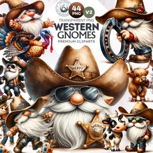 40 Aquarell Cowboy Gnome Clipart-Set, hochwertige PNG-Dateien, Western Clipart, niedliche Gnomillustrationen, druckbare Grafiken, Landzwerge