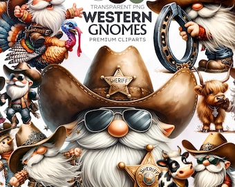 May include: A collection of Western-themed gnome illustrations. The gnomes wear cowboy hats, sheriff badges, and sunglasses. Some gnomes are holding a horseshoe, a turkey, and a cow. The text "WESTERN GNOMES PREMIUM CLIPARTS" is visible.