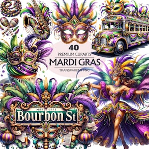 Watercolor Mardi Gras Collection Clipart of 40 PNG,Fleur De Lis Clipart, Beads Necklace, Fat Tuesday PNG, New Orleans Clipart,Commercial Use