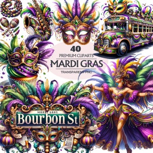 Colección de acuarelas de Mardi Gras, imágenes prediseñadas de 40 PNG, imágenes prediseñadas de flor de lis, collar de cuentas, imágenes prediseñadas de Martes de Carnaval, imágenes prediseñadas de Nueva Orleans, uso comercial