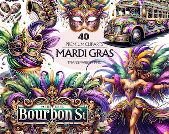 Watercolor Mardi Gras Collection Clipart of 40 PNG,Fleur De Lis Clipart, Beads Necklace, Fat Tuesday PNG, New Orleans Clipart,Commercial Use