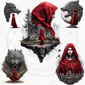 Dark Little red riding hood Clipart Set, Gothic Fantasy clipart, hunter, wolf clipart, Fairytale PNG sublimation, Scrapbook, Junk Journal