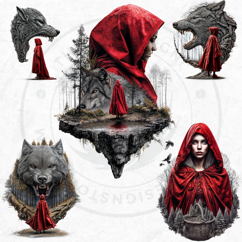 Dark Little red riding hood Clipart Set, Gothic Fantasy clipart, hunter, wolf clipart, Fairytale PNG sublimation, Scrapbook, Junk Journal
