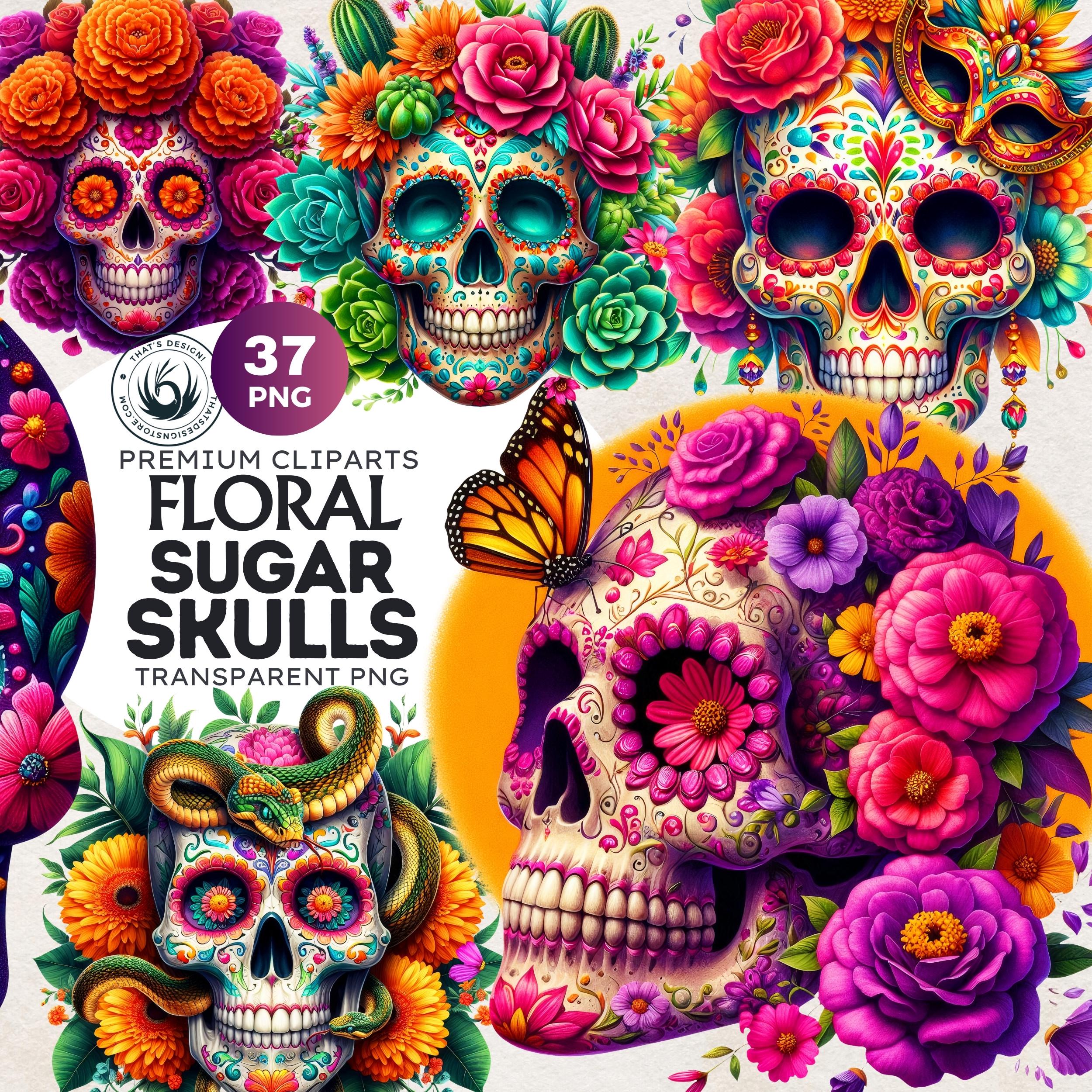花柄のシュガースカルPNGセット、死者の日のカラベラ、死者の日