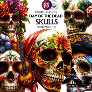 29 Artful Sugar Skull Clipart set, Día de Los Muertos Clipart, Floral Day of the dead, Mexican Head skull. Sugar skull PNG Sublimation