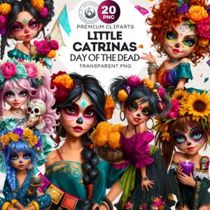 Little La Catrina Day of the dead PNG Clipart Set, Calavera Día de Los Muertos , Sugar Skull, Colorful Mexican girls for crafts, sublimation