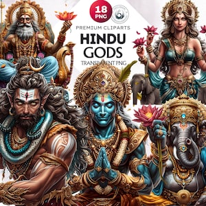 Hindu God Goddess clipart set,India Graphics, Lord krishna, vishnu, brahma,lakshmi, hanuman, indra, ganesh, shiva, kali, durga, Indian art