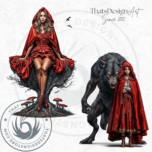 Dark Little red riding hood Clipart Set, Gothic Fantasy clipart, hunter, wolf clipart, Fairytale PNG sublimation, Scrapbook, Junk Journal