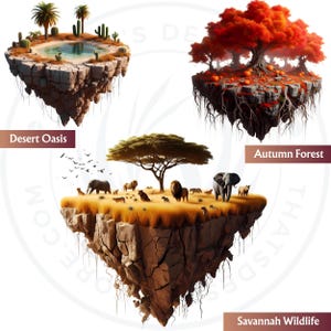 Floating Islands Ecosystem Cliparts - 30 Magical PNG Set for Sublimation and Crafts, RPG & POD. Fantasy Islands png, Nature Fantasy art
