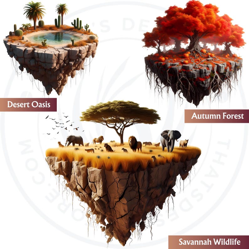 Floating Islands Ecosystem Cliparts - 30 Magical PNG Set for Sublimation and Crafts, RPG & POD. Fantasy Islands png, Nature Fantasy art