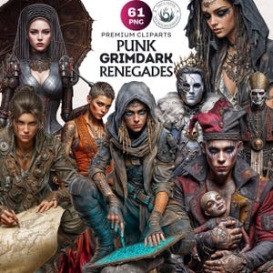 Könnte beinhalten: Digitale Kunst mit einer Sammlung von Charakteren im Punk-Grimdark-Stil. Das Bild zeigt Figuren mit detaillierter Kleidung, Accessoires und Make-up. Der Text "61 PNG" und "Premium Cliparts Punk Grimdark Renegades" ist sichtbar.