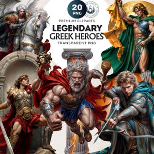 Legendary Greek heroes clipart PNG set, Hercules clipart, Achilles warrior, Atalanta archer, Sublimation PNG,Greek mythology, Ancient Greece
