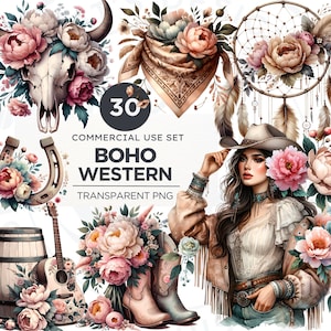 Boho western png-clipart set, 30 bloemen western png, western sublimatie, cowgirl laarzen, cowboyhoed. Ambachten en sublimatie. Commercieel gebruik
