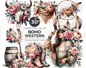 Boho Western Clipart Set: Floral PNG Graphics (30 Files)