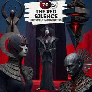Puede incluir: Arte digital con figuras y estructuras abstractas en tonos negro, gris y rojo. El texto "THE RED SILENCE CLIPARTS + BACKGROUNDS" se muestra en la parte superior. La obra tiene un tema futurista y gótico.