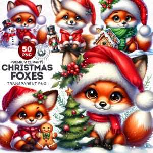 50 Christmas Foxes PNG Clipart Set, Winter Moose clipart, woodland animal with Santa Hat, Christmas Clipart, Christmas cards & sublimation