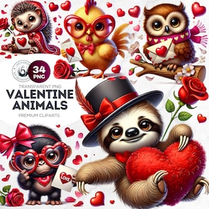 Ensemble de clipart animaux mignons Saint-Valentin, Saint-Valentin PNG, bébé animal romantique, clipart Saint-Valentin, clipart amour, tigre, hibou, porcelet, âne