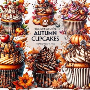30 cupcakes de otoño (imágenes prediseñadas) / Cupcakes de otoño (sublimación), dulces de otoño, cupcakes tradicionales PNG, cupcakes de Acción de Gracias, postres de otoño