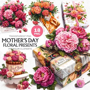 Cadeaux pour la fête des mères et fleurs aquarelle Clipart Bundle - Images d'amour, graphiques réconfortants pour la fête des mamans, boîte de chocolats, bouquet de fleurs