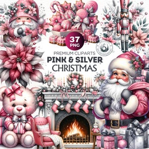 Watercolor Pink & Silver Christmas Clipart Bundle | Cottage core Christmas PNG Design for Sublimation, Christmas ornaments and Crafts.