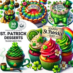 Conjunto de imágenes prediseñadas de postres del Día de San Patricio irlandés, diseño celta, postres irlandeses, cupcakes, pasteles y galletas con tréboles, arcoíris y monedas de oro