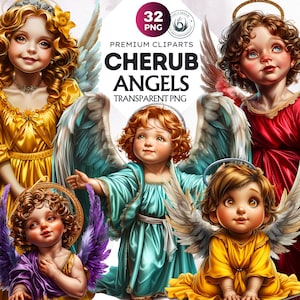 32 Cute Cherubs clipart set, colorful angel, Cherub clipart, Baby Angel PNG, Little Angel, Christmas Illustrations, Baptism, Religious PNG