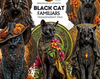 Peut inclure: Illustrations numériques de chats noirs aux motifs élaborés. Les chats sont ornés de fleurs, de chapeaux et de bijoux. Le texte indique "Black Cat Familiars" et "Premium Cliparts".