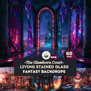 Puede incluir: Una colección digital de 60 fondos de fantasía en formato JPEG titulada The Glassborn Court Living Stained Glass Fantasy Backdrops. Las imágenes muestran estructuras arquitectónicas arqueadas con vidrieras de colores.