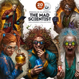 Mad Scientist Halloween Clipart PNG Bundle | 20 Spooky Crazy Scientist Characters | Sublimation Graphics for Crafts & POD